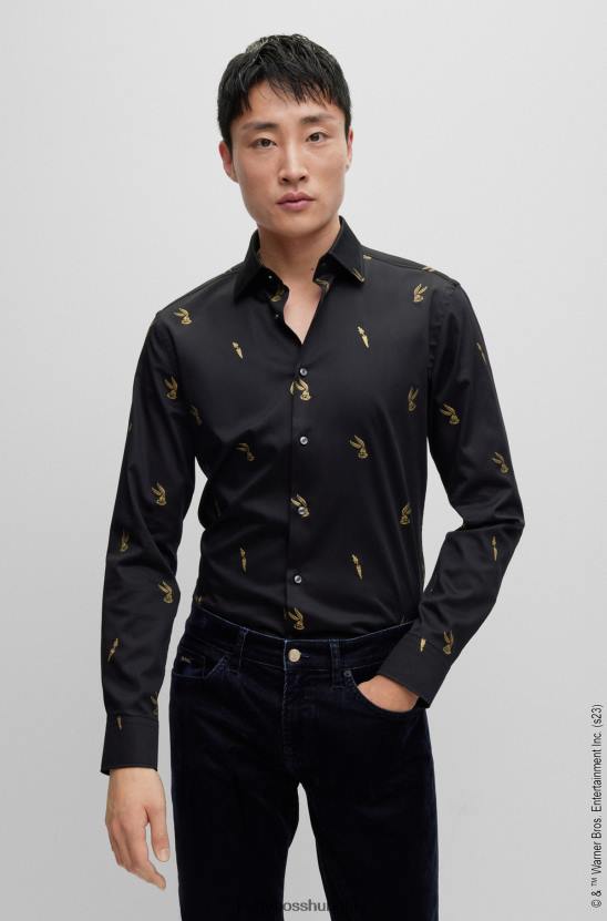 Hugo Boss looney tunes x vékony szabású ing arany tónusú mintával 80P63184 fekete