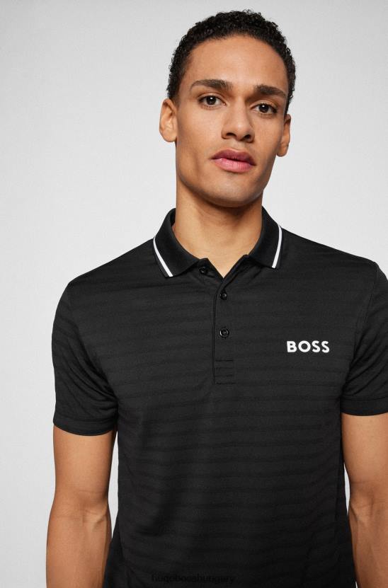 Hugo Boss fekete kötött csíkos karcsúsított póló, kontrasztos hugo márkajelzéssel 80P63200 fekete