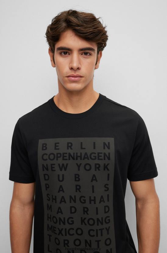 Hugo Boss fekete hugo pamutdzsörzé póló városi grafikával és strassz logóval 80P63414 fekete