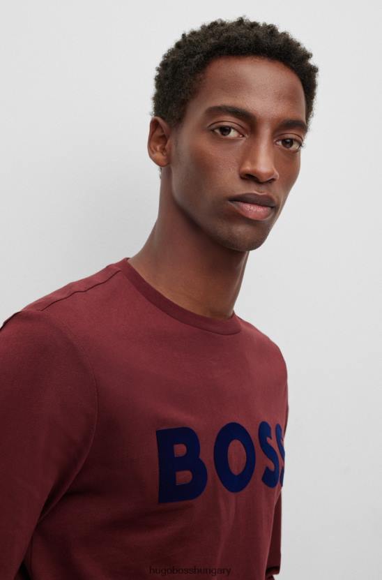 Hugo Boss hugo hosszú ujjú pamutdzsörzé póló kontrasztos logóval, sötétvörös 80P61456 sötét vörös