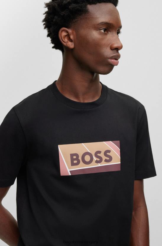 Hugo Boss pamut vékony szabású póló tenisz ihlette logóval, fekete hugo nyomattal 80P64043 fekete