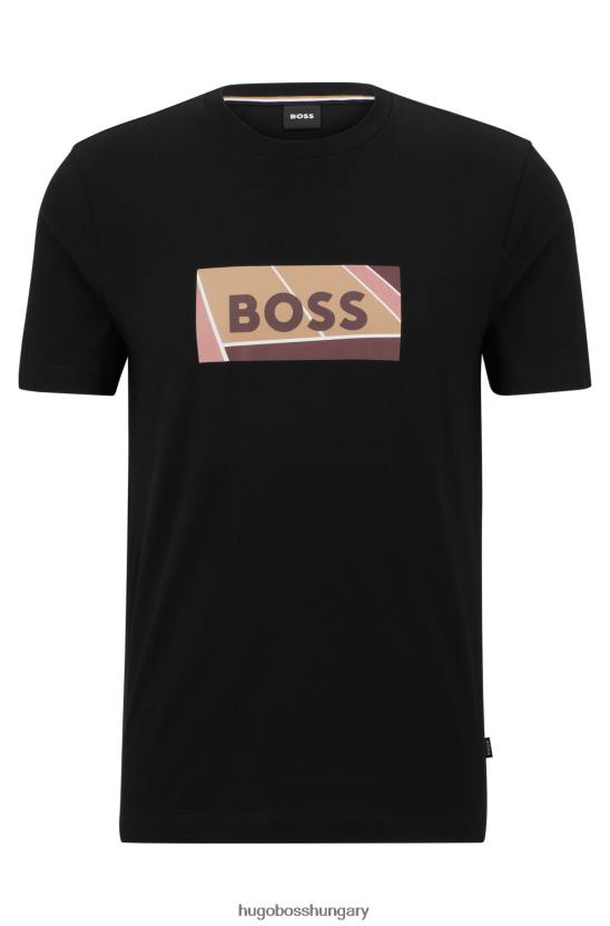 Hugo Boss pamut vékony szabású póló tenisz ihlette logóval, fekete hugo nyomattal 80P64043 fekete