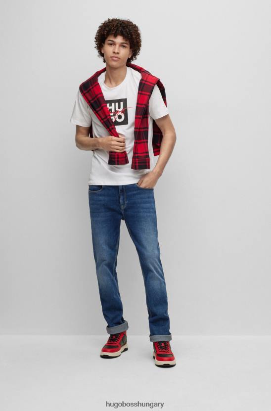 Hugo Boss pamutdzsörzé póló egymásra rakott és kézzel írt logókkal, fehér hugo 80P62419 fehér