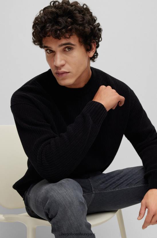 Hugo Boss Fekete laza szabású pulóver tiszta pamut zsenília hugo anyagból 80P63638 fekete