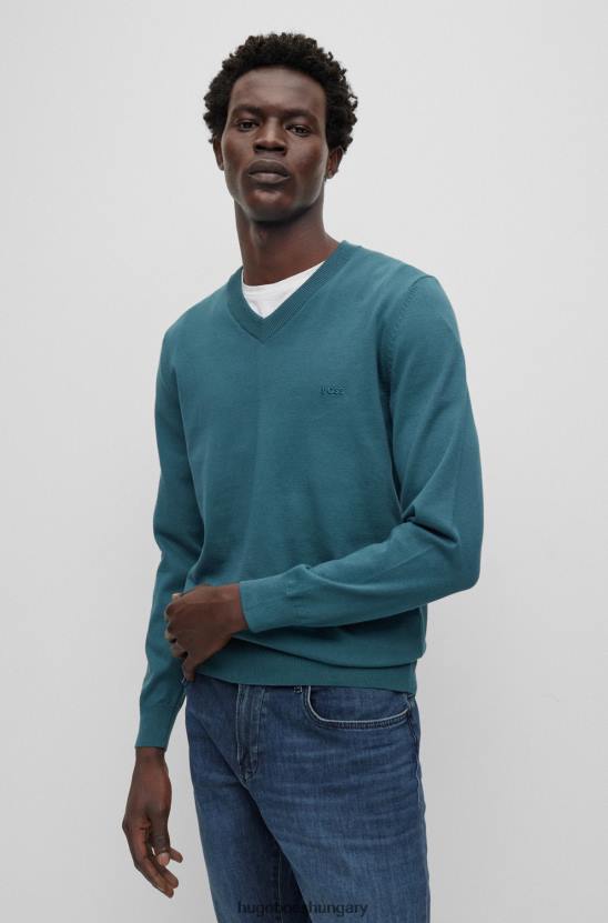Hugo Boss V-nyakú biopamut pulóver hugo türkiz hímzett logóval 80P62313 türkiz
