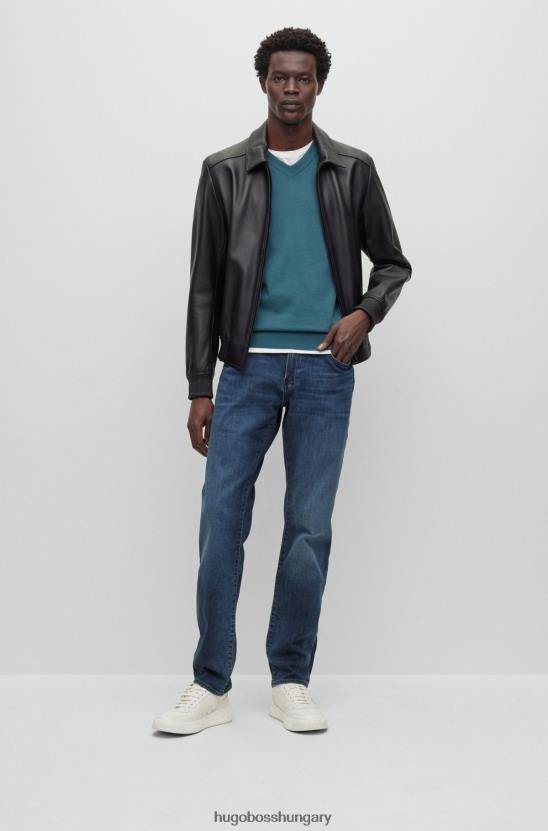 Hugo Boss V-nyakú biopamut pulóver hugo türkiz hímzett logóval 80P62313 türkiz