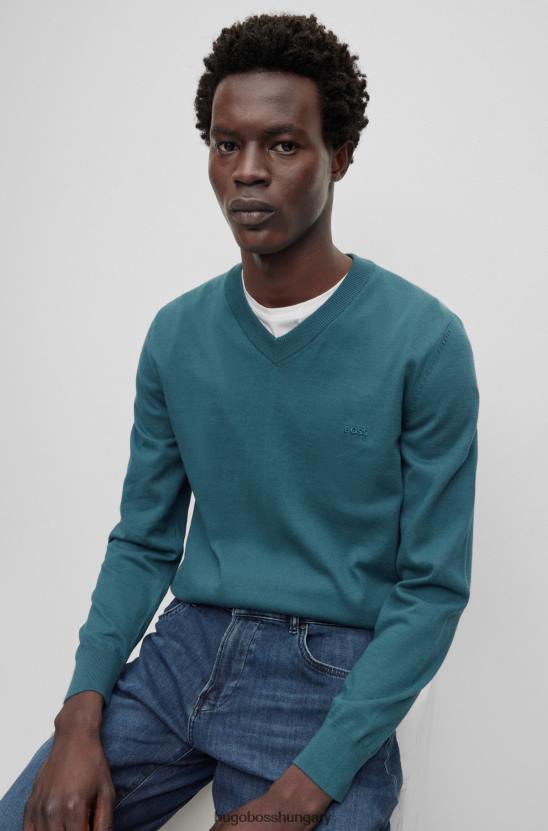 Hugo Boss V-nyakú biopamut pulóver hugo türkiz hímzett logóval 80P62313 türkiz