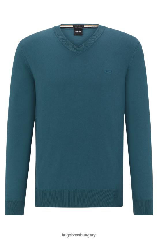 Hugo Boss V-nyakú biopamut pulóver hugo türkiz hímzett logóval 80P62313 türkiz