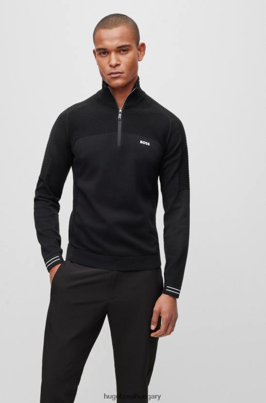 Hugo Boss biopamut cipzáras nyakú pulóver logóval, fekete hugo nyomattal 80P61521 fekete