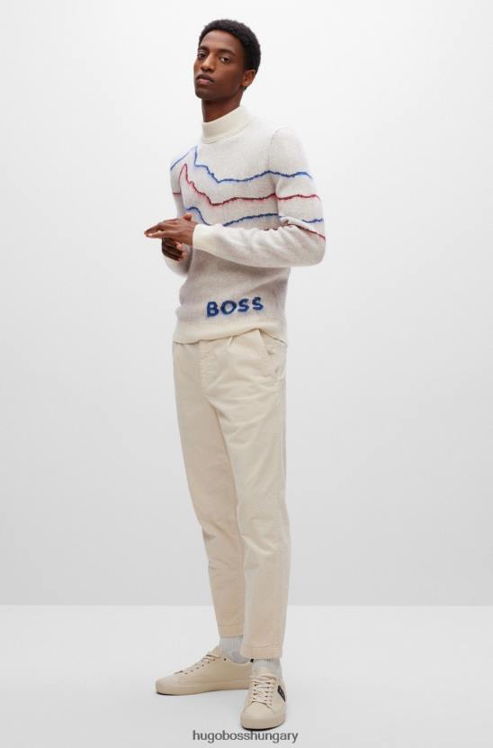 Hugo Boss fehér hugo álnyakú, szabályos szabású pulóver kollekciós mintával 80P62691 fehér