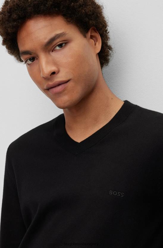 Hugo Boss fekete hugo v-nyakú, biopamut pulóver hímzett logóval 80P62314 fekete