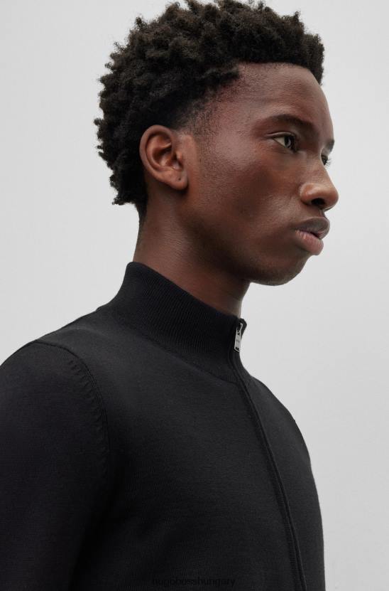 Hugo Boss fekete, normál szabású szűz gyapjú kardigán, jellegzetes hugo csíkkal 80P62695 fekete