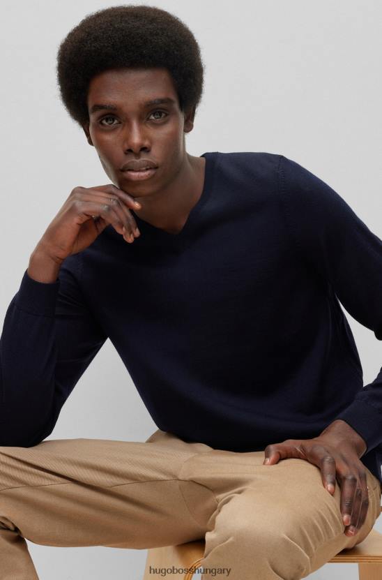 Hugo Boss hugo sötétkék V-nyakú, karcsúsított szűz gyapjú pulóver 80P63069 sötétkék