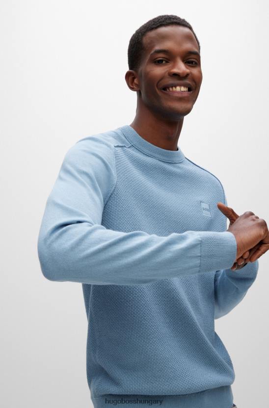 Hugo Boss kék vegyes szerkezetű pamut-kasmír pulóver szőtt hugo címkével 80P61970 kék