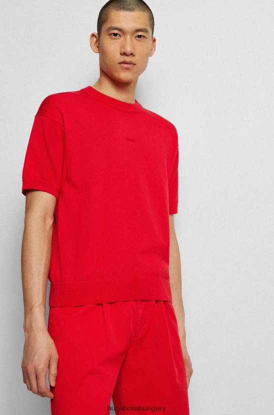 Hugo Boss piros kötött-pamut rövid ujjú pulóver hímzett logóval hugo 80P63125 piros