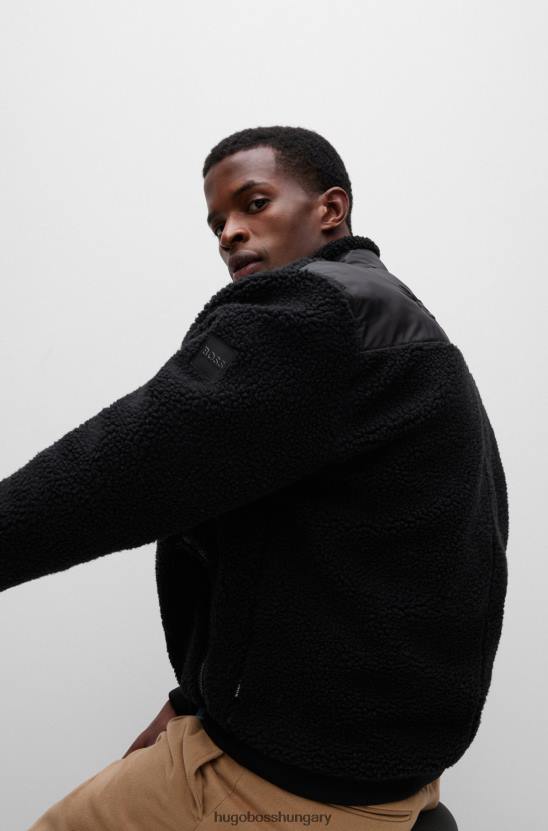Hugo Boss fekete hugo cipzáras pulóver pamut mackóból, tónusos szegéllyel 80P63428 fekete