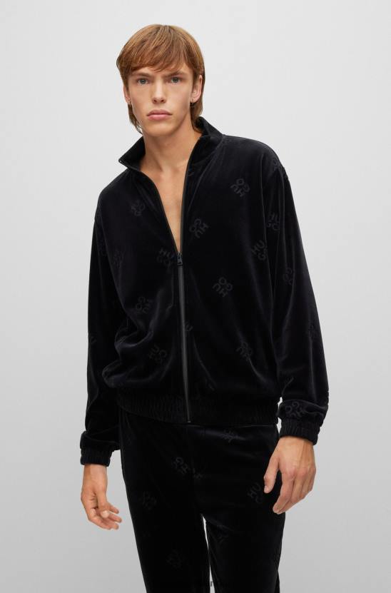 Hugo Boss fekete hugo laza szabású cipzáras pulóver egymásra rakott logókkal 80P64536 fekete