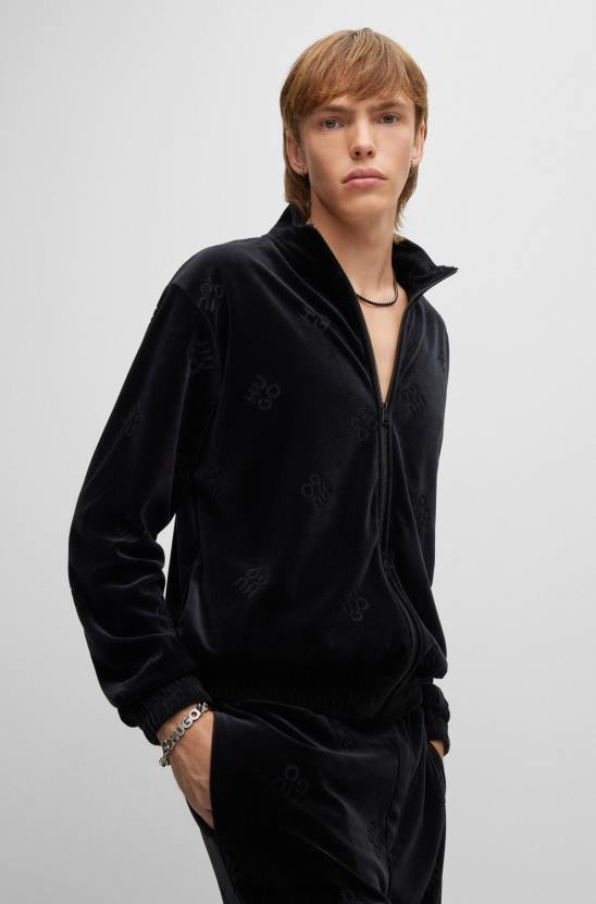 Hugo Boss fekete hugo laza szabású cipzáras pulóver egymásra rakott logókkal 80P64536 fekete