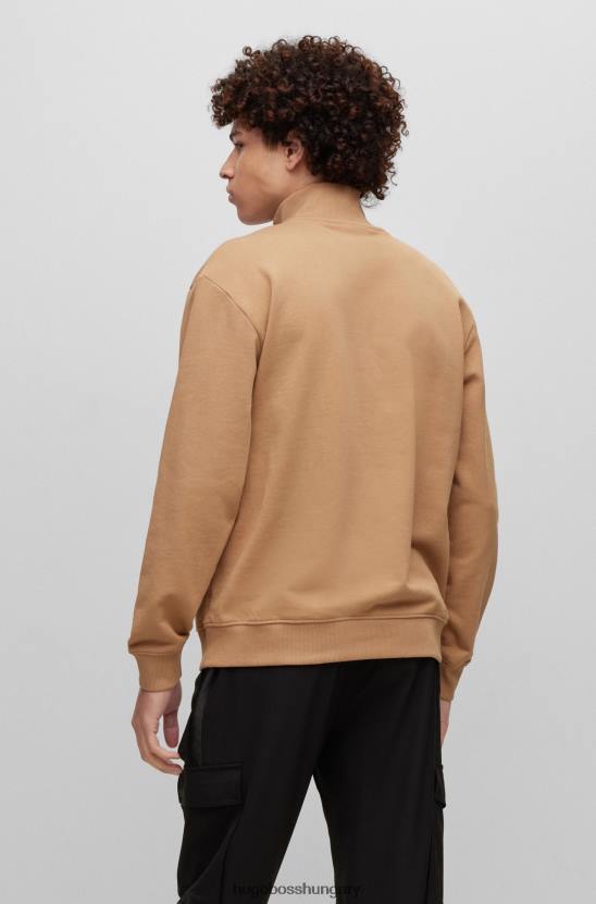 Hugo Boss laza szabású, cipzáras nyakú pulóver francia frottír pamut hugo beige színben 80P63114 bézs