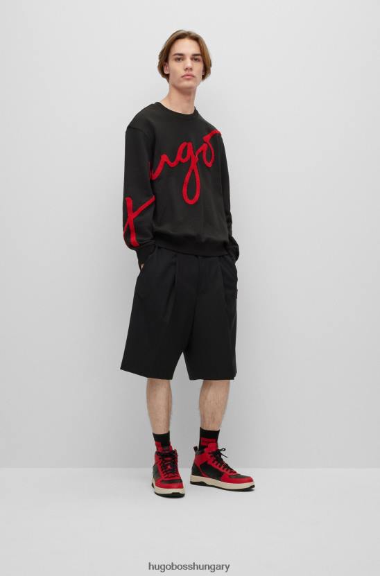Hugo Boss fekete pamut frottír normál szabású pulóver kézzel írt logóval hugo 80P62920 fekete