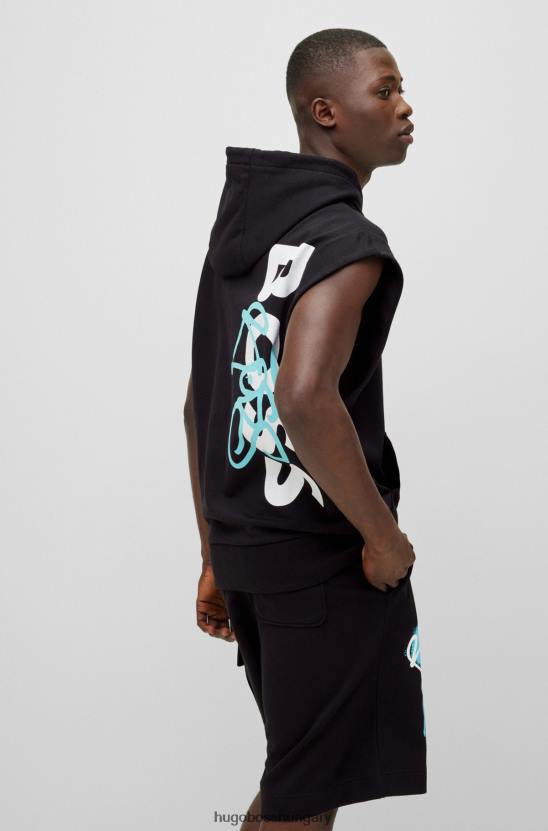 Hugo Boss hugo fekete, laza szabású, ujjatlan pamut kapucnis pulcsi graffiti logóval 80P62704 fekete