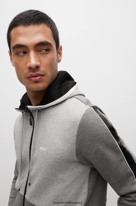 Hugo Boss pamutkeverék cipzáras kapucnis kapucnis logós betétekkel, hugo szürke 80P61231 szürke