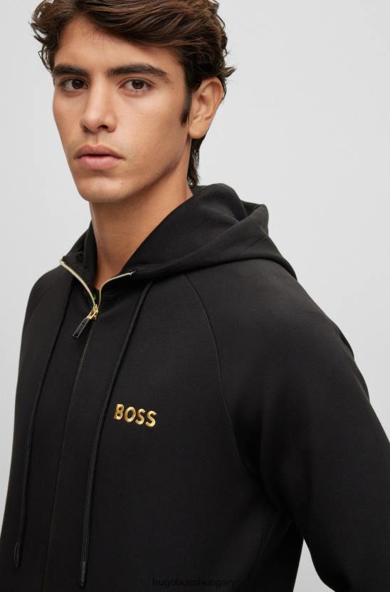 Hugo Boss pamutkeverék cipzáras kapucnis pulcsi kontrasztos logóval, hugo fekete 80P62445 fekete