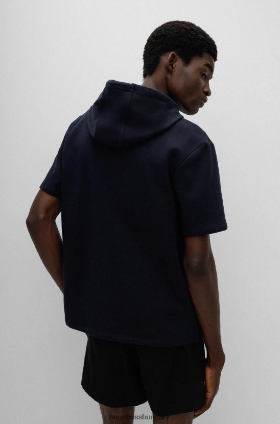 Hugo Boss sötétkék, rövid ujjú pamut-frottír pulóver, piros hugo logóval 80P63362 sötétkék