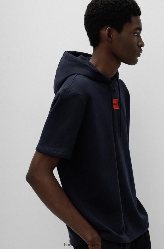 Hugo Boss sötétkék, rövid ujjú pamut-frottír pulóver, piros hugo logóval 80P63362 sötétkék