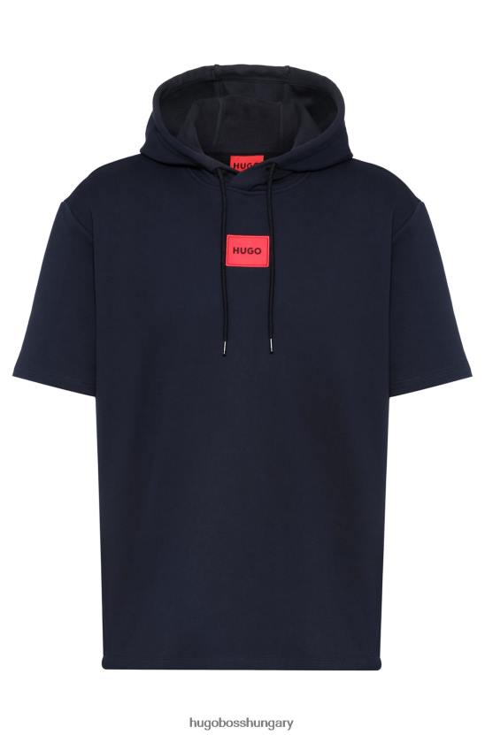 Hugo Boss sötétkék, rövid ujjú pamut-frottír pulóver, piros hugo logóval 80P63362 sötétkék