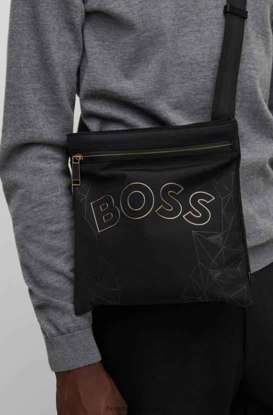 Hugo Boss logós borítéktáska strukturált nylonból szezonális fekete hugo mintával 80P65130 fekete