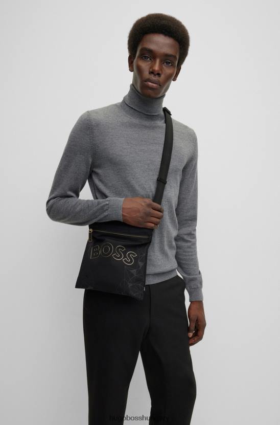 Hugo Boss logós borítéktáska strukturált nylonból szezonális fekete hugo mintával 80P65130 fekete